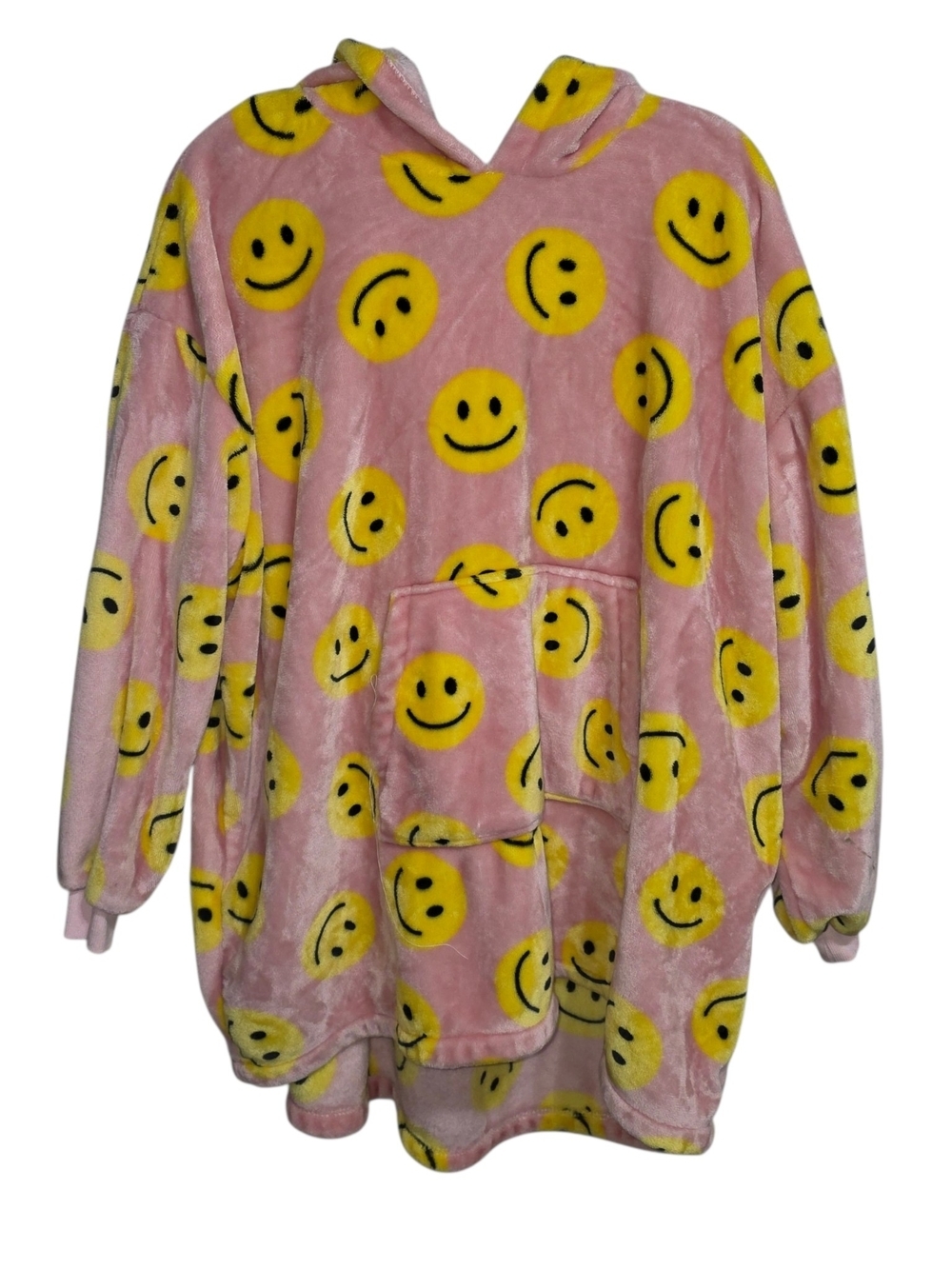 THROWZY Pink Smiley Face Hoodie Blanket Oversized Plush O/S Cozy Lounge